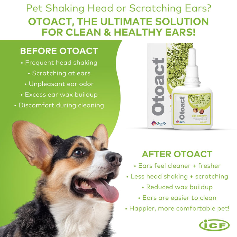 ICF | Otoact Ear Cleaner for Dogs and Cats | Gentle Ear Cleaning Solution | Helps Remove Wax & Odor | 100ml Dropper Bottle Single