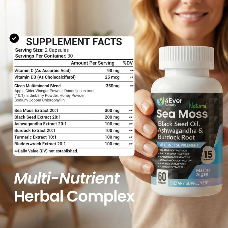 Sea Moss Capsules with Black Seed Oil & Ashwagandha – Daily Wellness & Vitality Formula for Women & Men, with Bladderwrack, Vitamin D3, Dandelion Root, Yellow Dock & More | 60 Capsules