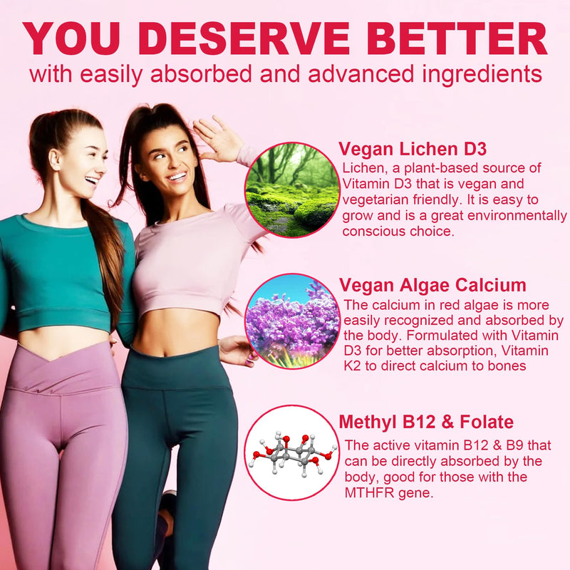 Methylated Multivitamin for Women Gummies, Calcium, D3, Methylfolate & B12 | Daily Vitamin A C E, K2, B Complex, Biotin, Zinc, Iron, Inositol -Energy, Immune, Bone, Skin, Hair - Sugar Free, Vegan -60Cts 60 Count (Pack of 1)