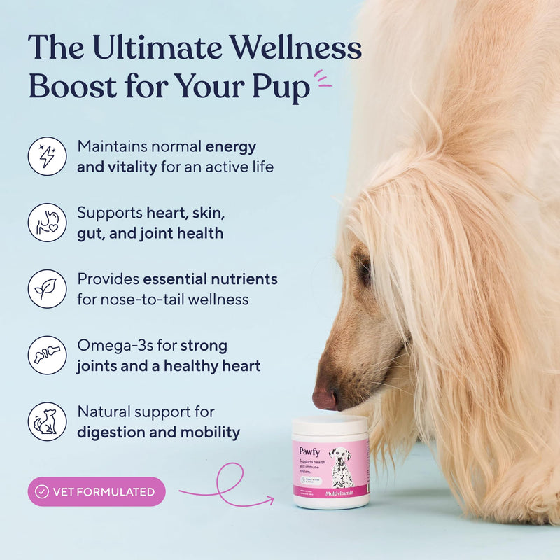 Pawfy Dog Multivitamin Chews | 23 Active Ingredients | Vitamins A B C D E & Omega 3 | Supports Joints, Bones, Immunity & Brain Health | Skin & Coat Support | All Life Stages | 60 Chews