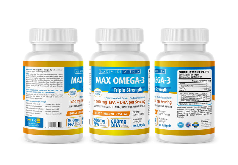 Maximum Slim Max Omega 3 Fish Oil Pills - Triple Strength Fish Oil Supplement (2000 mg Total Omega 3 Fatty Acids: 600mg DHA + 800 mg EPA per Serving)