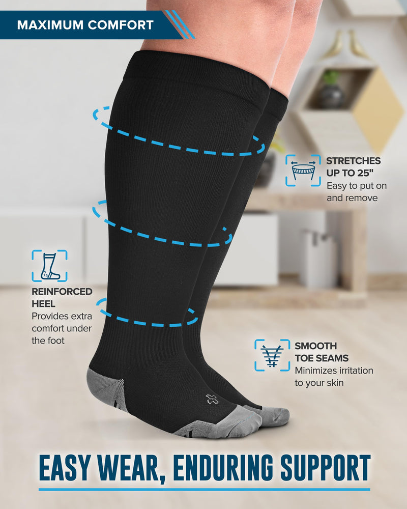 Doctor's Select 3 Pairs Plus Size Compression Socks Wide Calf - Up to 6XL | 20-30 mmHg Extra Wide Calf Compression Socks Women | Black 3 Pairs - Black 3X-Large - BeesActive Australia