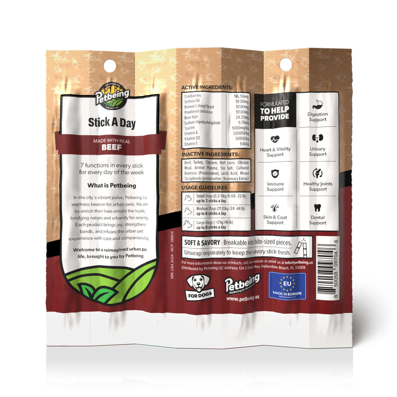 Stick a Day | Specially Formulated 7-in-1 Functions Daily Real Meat Supplement for Dogs | Dog Chew Stick & Pet Vitamins Supplements Combination (7-Pack x 4, Beef) 1 Count (Pack of 28) - PawsPlanet Australia