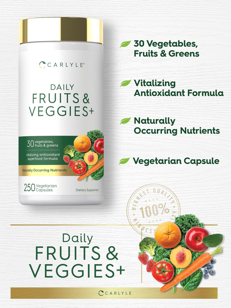 Carlyle Fruits and Veggies Supplement | 250 Capsules | Made With 30 Fruits and Vegetables | Vegetarian, Non-GMO, Gluten Free Superfood Formula