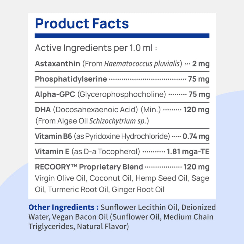 Recogry Liquid Cognitive Disorder and Brain Support for Dogs and Cats with Astaxanthin, Phosphatidylserine, Alpha GPC, DHA, Olive, Coconut, Sage, Turmeric, Ginger (90ml) - BeesActive Australia