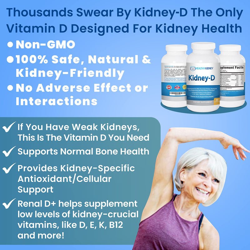 Kidney-D Kidney Supplement. Vitamin D Optimized for Kidney Support. Vitamin D3 and 7 Kidney Vitamins and Nutrients Designed for Kidney Health and More 60 Count (Pack of 1)