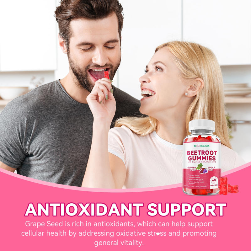 Beetroot Gummies with Grape Seed, Niacin, CoQ10, Vitamin C, B12, L-Citrulline & L-Arginine, Antioxidant Support, Sugar-Free Beet Root Supplement for Women & Men, 120 Count 30 Count (Pack of 2)