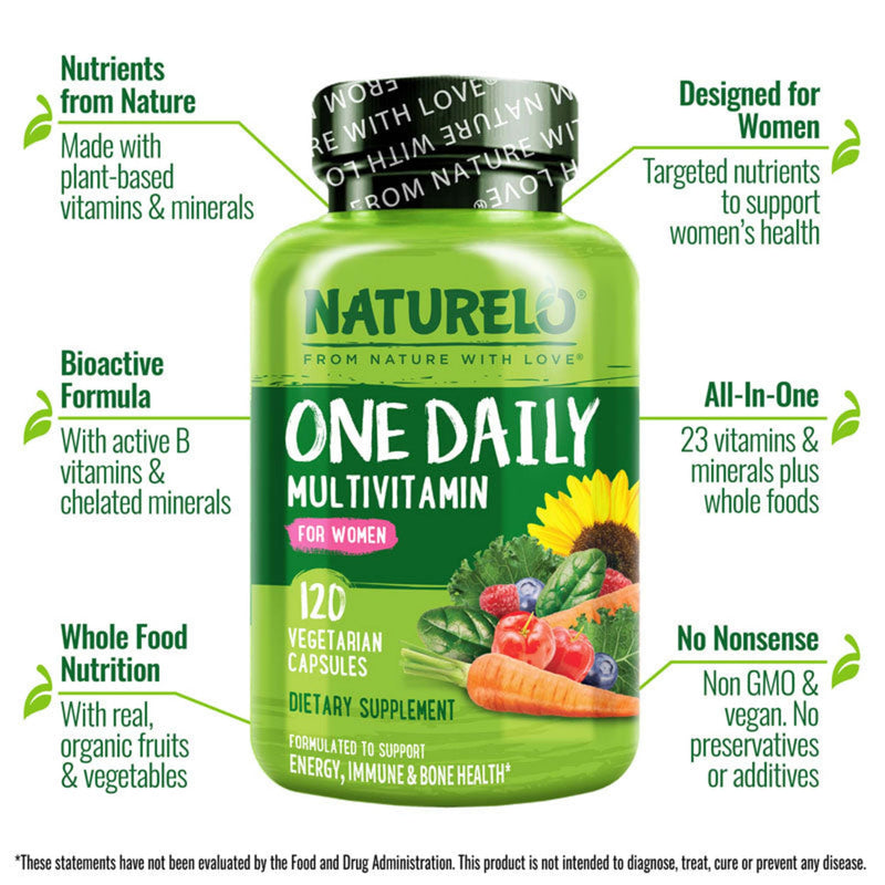 NATURELO One Daily Multivitamin for Women w/Vitamin B12, 120 Count | Energy Support, Whole Food Daily Women Multivitamin Supplement, Nourish Hair/Skin/Nail, Non-GMO, No Soy, Gluten Free Unflavored 120 Count (Pack of 1)