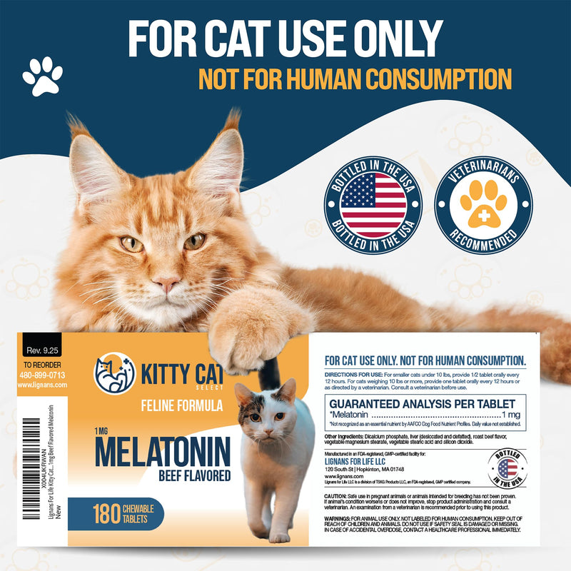 Kitty Select Cat Calming Treats, 180 Cat Melatonin Chews for Sleep, 1mg Beef Flavored