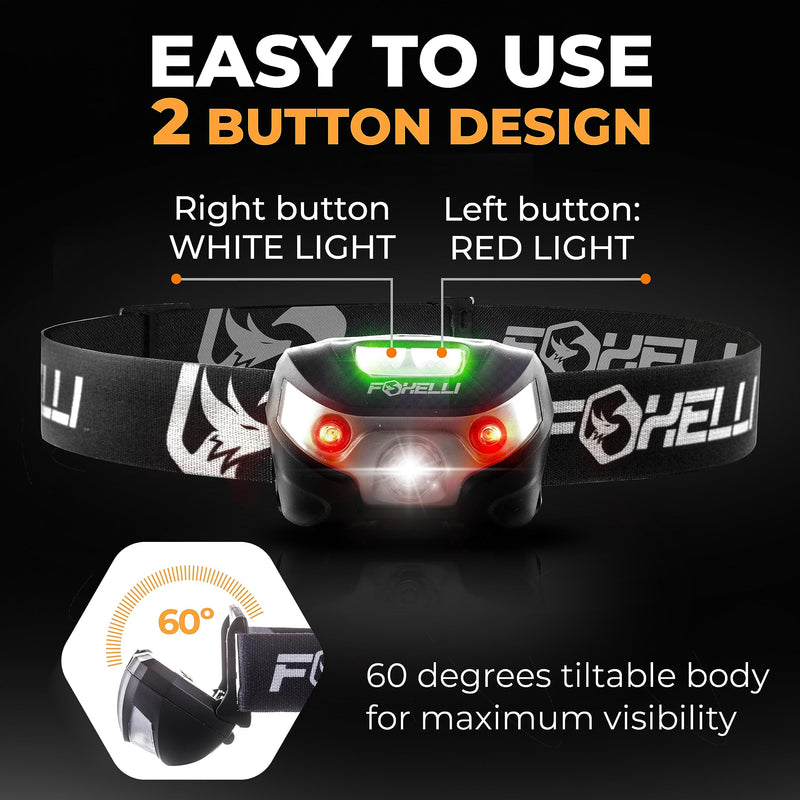 Foxelli USB-C Rechargeable LED Headlamp – Super Bright, Lightweight Head Lamp for Running, Camping, Hiking & Work – Comfortable Fit for Adults & Kids 2-Pack Black - BeesActive Australia