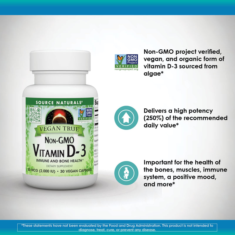 Source Naturals Vegan True, Vitamin D-3, 2,000 IU - 30 Vegan Capsules | Non-GMO | Immune and Bone Health* 30 Count (Pack of 1)