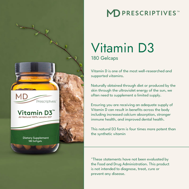 MD Prescriptives Vitamin D3 180 Gelcaps - Maximum Absorption for Strong Bones, Muscle & Immune Support, Non GMO Vegetarian Softgels, 125 mcg (5,000 IU)
