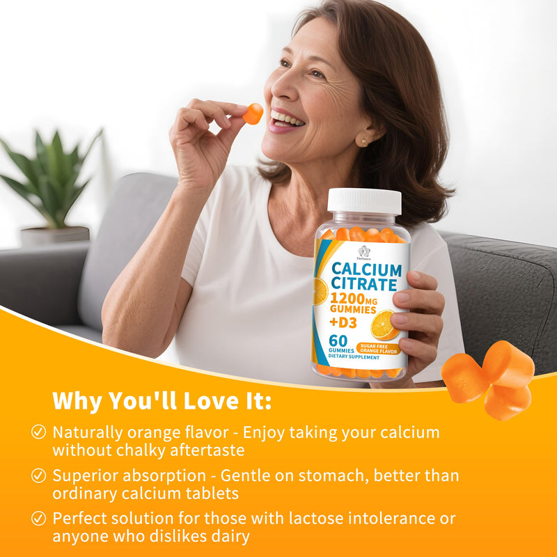 (3 Pack) Calcium Citrate 1200 mg Gummies with Vitamin D3, High Absorption Calcium Supplements for Women & Men, Sugar Free, Non-GMO, Gluten Free, Supports Muscle & Immune - Orange Flavor 60 Count (Pack of 3)