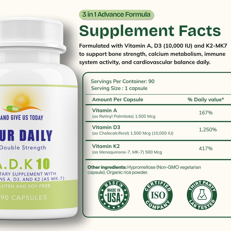 Daily Vites ADK 10 - ADK Vitamin Supplement - High Potency Vitamin A, D3 10,000 IU & K2 (MK-7) - Physician Formulated for Bone, Heart & Immune Support - Non-GMO, Gluten Free - 90 CT (3-Month Supply) 90 Count (Pack of 1)
