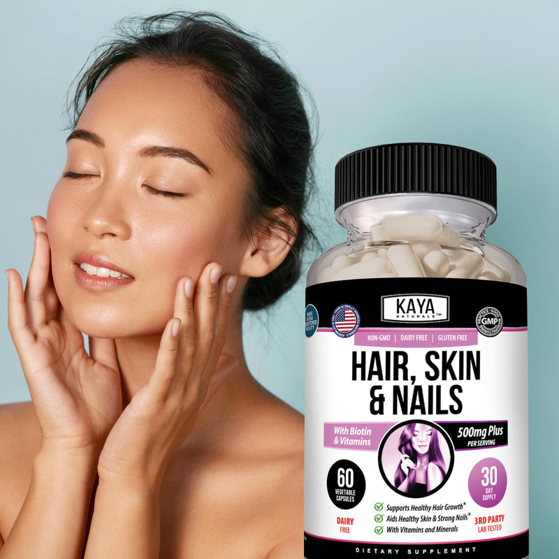Kaya Naturals Hair Skin Nail Capsules, 60 Count | Biotin, Vitamin D, Vitamin B-12, Vitamin A, Folic Acid 60 Count (Pack of 1)