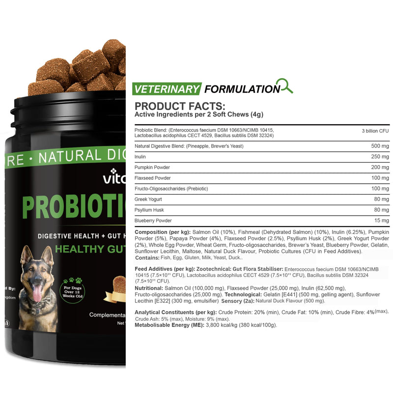 Probiotics for Dogs with Prebiotic Fiber - Dog Probiotics Gut Health Chews for Digestion, Anal Gland Care & Skin Support with Pumpkin & Psyllium Husk - Dog Supplements Duck Flavour (120 Count)