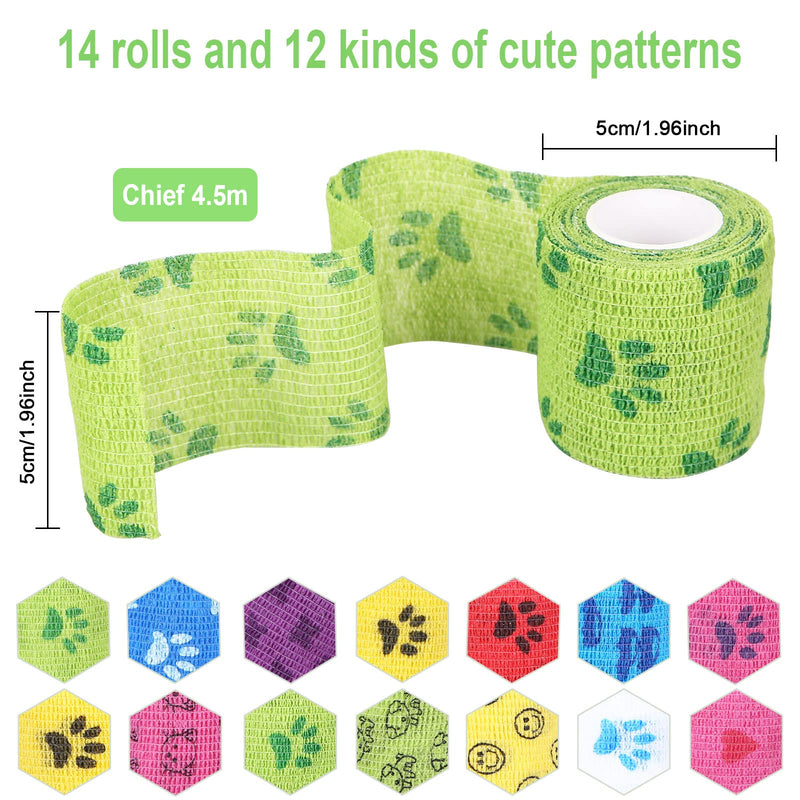 UNIDEAL 14 Rolls Self-Adhesive Bandage for Pets, Multifunctional Adhesive Bandage, 12 Patterns, Comfortable and Breathable, Elastic Fixing Bandage for Pet Care and Sports Protection (5 cm x 4.5 m) - BeesActive Australia