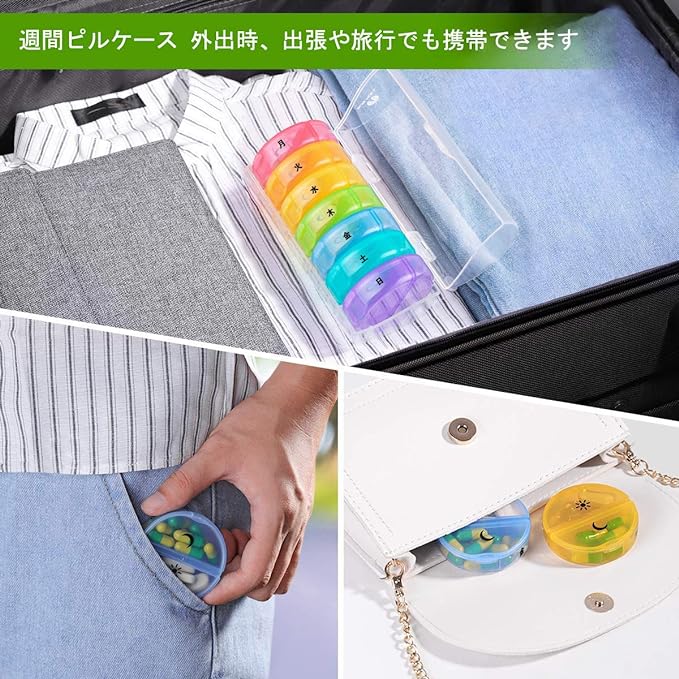 Sukuos Pill Case, Medicine Case, 1 Week, 2 Times a Day, Divided into Morning, Noon, and Night, Prevents Forgetting to Drink Supplement Case, Compact, Portable, Japanese Printed (Transparent) - BeesActive Australia