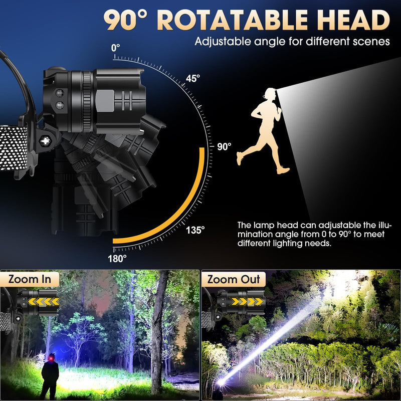 Super Bright Headlamp Rechargeable 2 Pack, High Lumen LED Head Lamp with Motion Sensor, 5 Modes, Zoomable Head Light for Forehead, 90° Adjustable, Waterproof Headlamps for Adults, Hard Hat, Camping