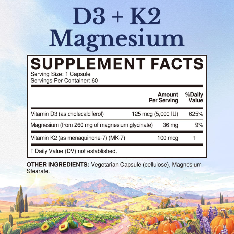 Vitalitown Vitamin D3 K2 with Magnesium, 5000 IU D3, 100 mcg K2 as MK-7, Magnesium Glycinate, Non-GMO, No Gluten, 3-in-1 Formula for Bone, Heart & Immune Health, 60 Capsules