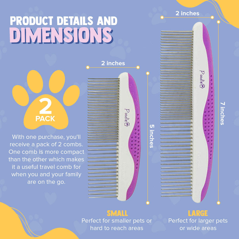 Poodle Pet Dog Combs for Grooming | 2 Pack | Stainless Steel Teeth Easily Remove Dirt | Proper Care Prevents Knots and Mats for Long and Short Haired Pets |Anti-Slip Comfort Grip Handle| Purple - BeesActive Australia