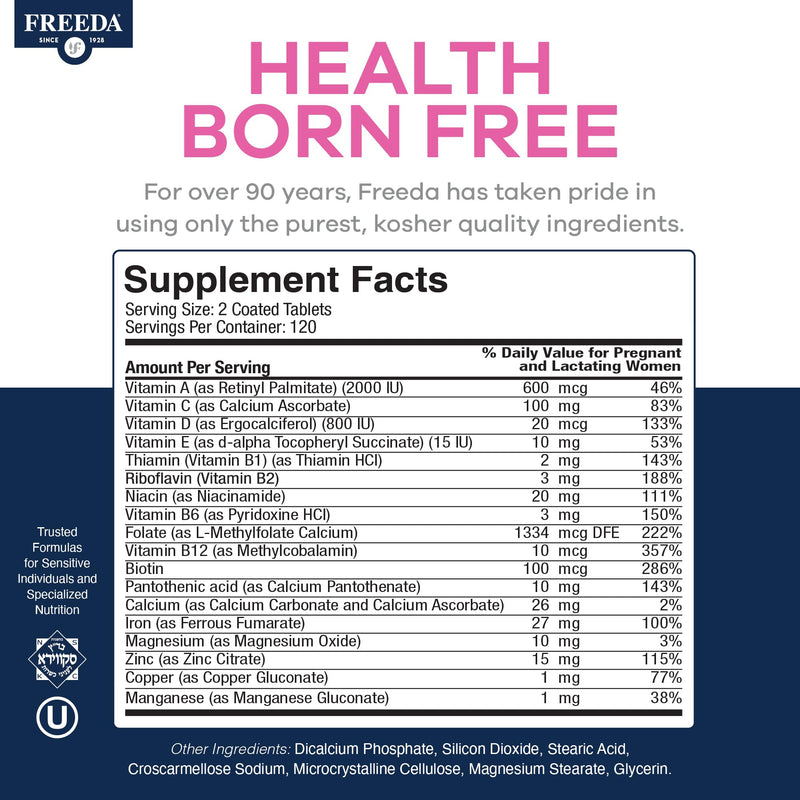 FREEDA Mini Prenatal Vitamins for Pregnant Women – 240 Tiny Tablets | Supports Mother & Baby Nutrition – Includes Methylfolate, Calcium, & Essential Nutrients – Vegan, Kosher, Easy-to-Swallow 250 Count (Pack of 1)