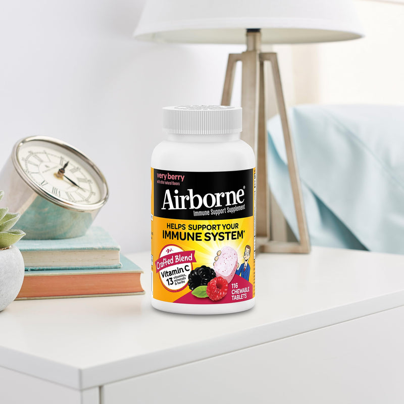 Airborne 1000mg Vitamin C with Zinc, Immune Support Supplement with Powerful Antioxidants Vitamins A C & E - 116 Chewable Tablets, Very Berry Flavor 116 Count - BeesActive Australia