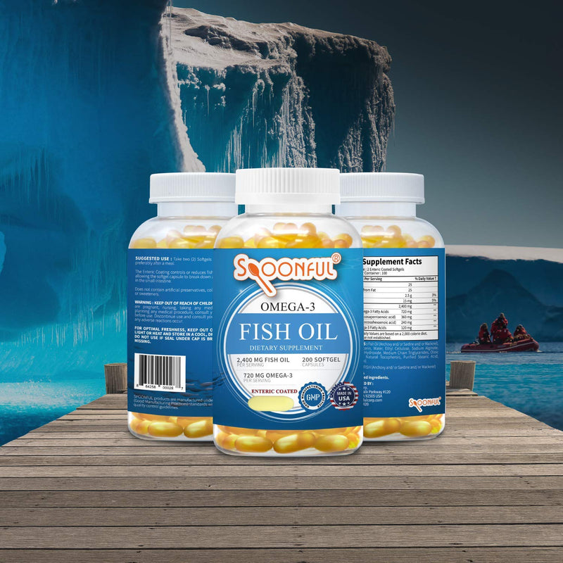 Spoonful Omega 3 Fish Oil Enteric Coated 2400mg, 200 Capsules, Burpless, Rapid Release Softgel Capsules, Made in USA, NSF-Certified