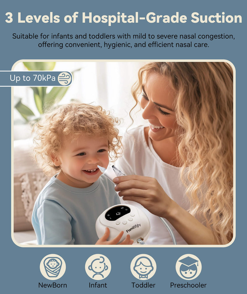 Electric Nasal Aspirator for Babies and Toddlers | Baby Nose Sucker with 3 Suction Levels | Easy-to-Clean Nose Aspirator for Babies | Portable Booger Sucker Round