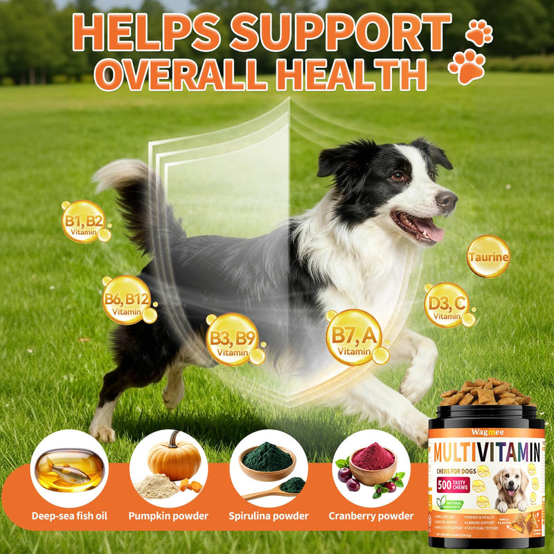 Dog Vitamins and Supplements, 16-in-1 Dog Multivitamin Soft Chews, Daily Nutrition Support for Energy, Heart, Skin & Coat, Digestion, with Taurine, Omega 3, Zinc & B Vitamins, 500 Ct for All Breeds
