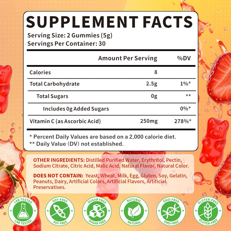 Vitamin C Gummies for Adults, Chewable Vitamin C Gummies for Antioxidant & Collagen Support, Vegan, Non-GMO, Sugar-Free, Raspberry Flavor, 120 Count 120 Count (Pack of 1)