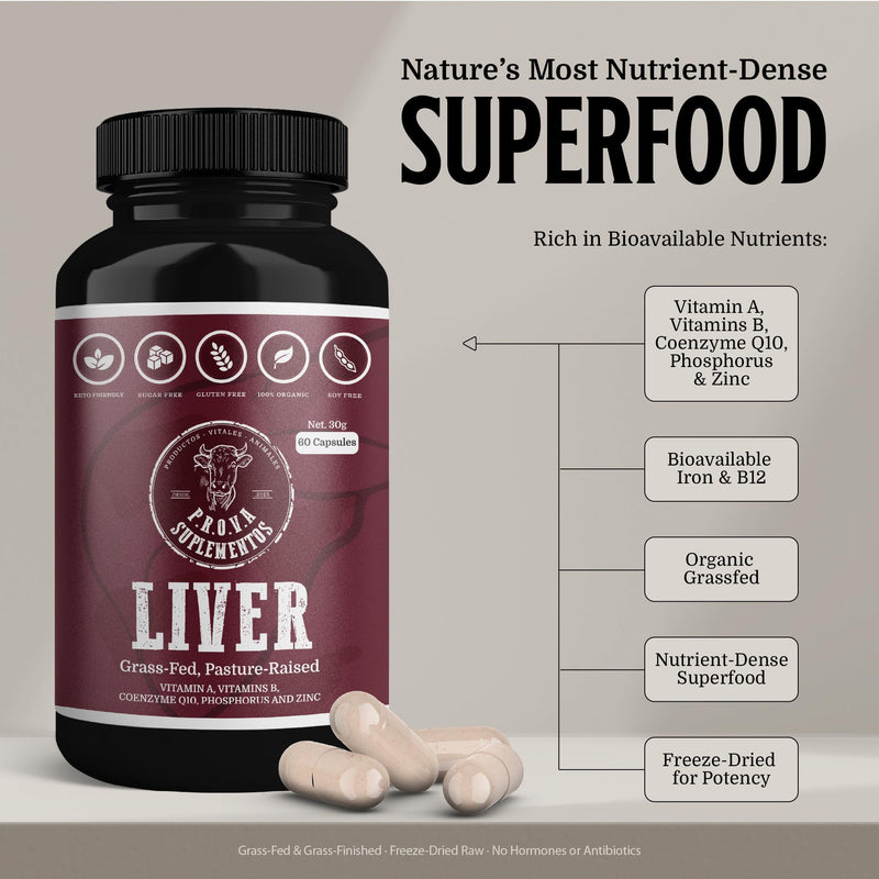 Beef Liver Capsules | Grass Fed Pasture Raised | Freeze Dried Whole Food Supplement | Non-GMO, Vitamin A & B12, Iron, CoQ10 | Energy & Liver Support for Men & Women | 60 Count