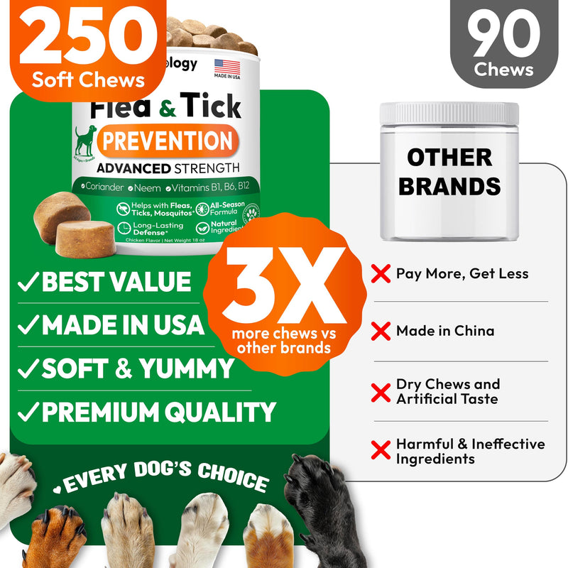 Flea and Tick Prevention for Dogs Pills - 250 Soft Chews - Natural Dog Flea & Tick Control - Oral Defense Treatment for Dogs Supplement - Vet Formulated Chews - All Breeds & Ages - Made in USA 250 Chews