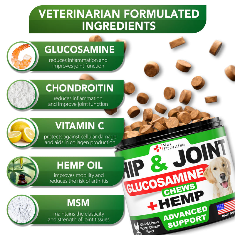 Vet Promise Hemp Hip and Joint Support Supplement for Dogs - Glucosamine for Dogs - Hemp Oil, MSM, Chondroitin - Support for Joint Pain Relief and Health - 120 Soft Chews - Made in USA