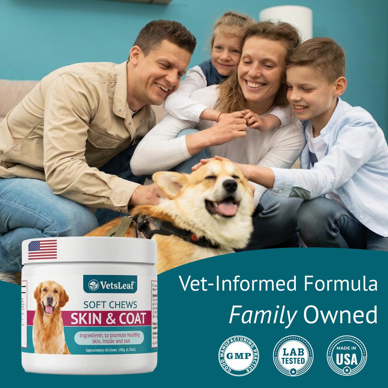 Dog Skin and Coat Supplement Chews - Omega-3 Fish Oil, EPA & DHA, Biotin, Vitamin A & D3 - Coat Shine, Skin Hydration, Shedding & Itch Relief - Made in USA - 60 Count Skin & Coat