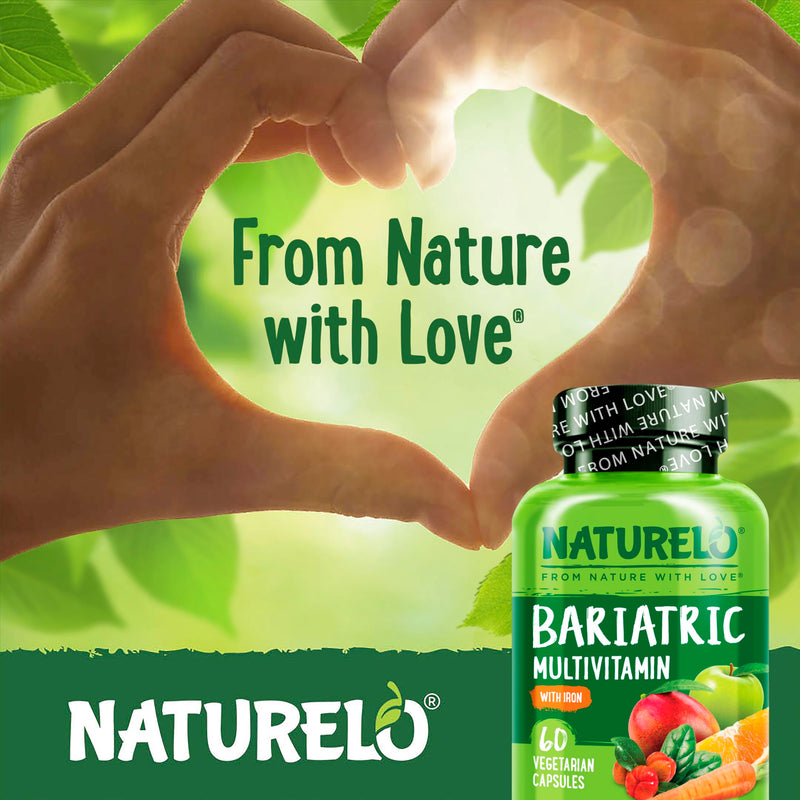 NATURELO Bariatric Multivitamin with Iron, 60 Veggie Capsules | One daily, for post gastric bypass surgery patients and bariatric surgery patients, natural whole food nutrition Unflavored 60 Count (Pack of 1)