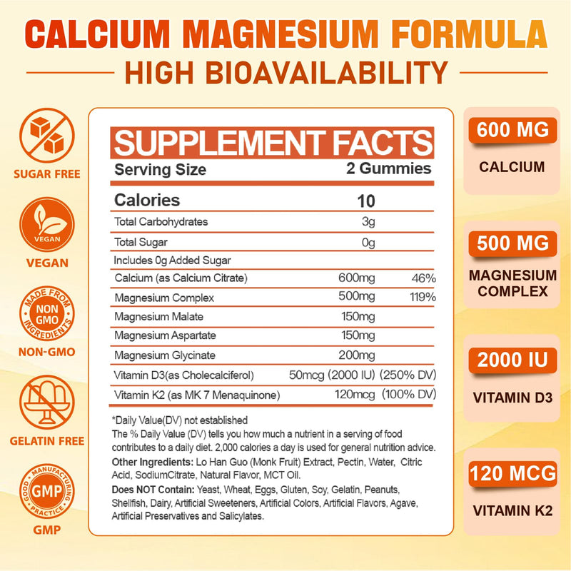 Calcium Magnesium Supplement Gummies for Adults: Calcium Citrate 600 mg with Vitamin D3 & K2 for Women Men - Supports B0ne Strength, Better Zzz, Muscles, Energy & Immune (60 Count) 60 Count