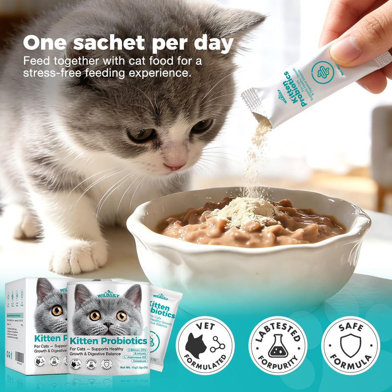 Cat Probiotics，Veterinary-Formulated Kitten Probiotics with Colostrum - 30 Count Individual Packets,Diarrhea Relief, Immune & Digestive Health Support for Kittens Kitten Formula
