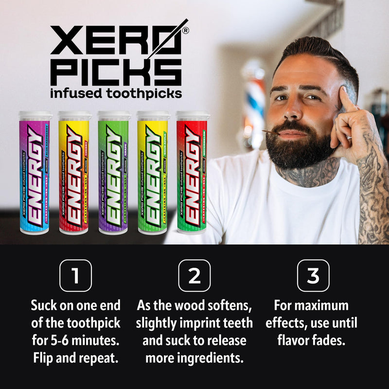 Xero Picks Energy Infused Flavored Toothpicks with Caffeine, B12 and B6 (Variety Pack, 20 Count (Pack of 5)) Non-GMO Kosher Vegan Variety Classic 20 Count (Pack of 5) - BeesActive Australia
