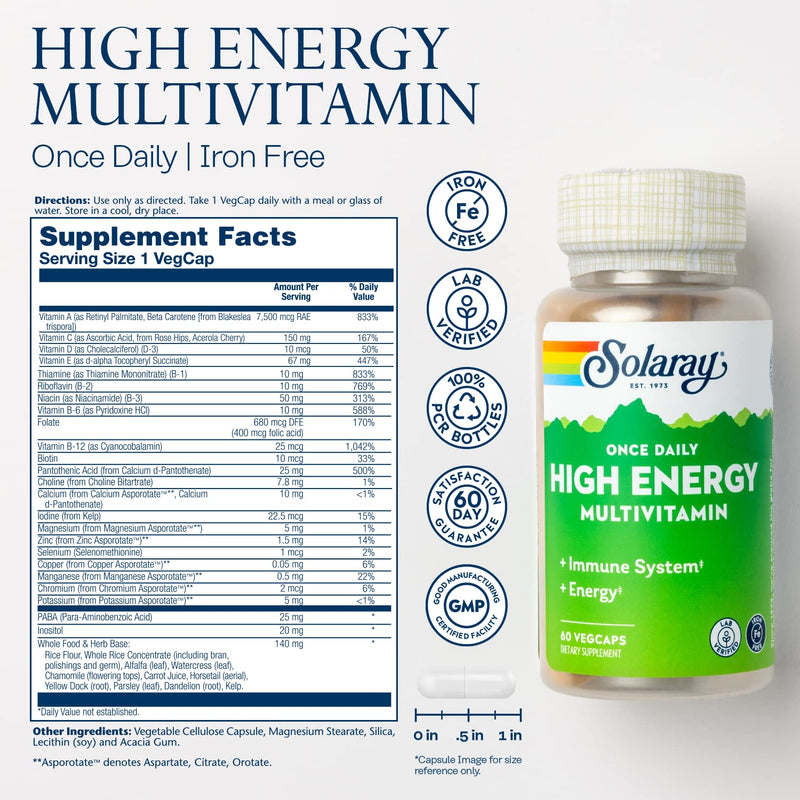 SOLARAY Once Daily High Energy Multivitamin, w/No Iron | Complete Multi w/Whole Food & Herb Base | Non-GMO | 60 VegCaps 60 Count (Pack of 1)