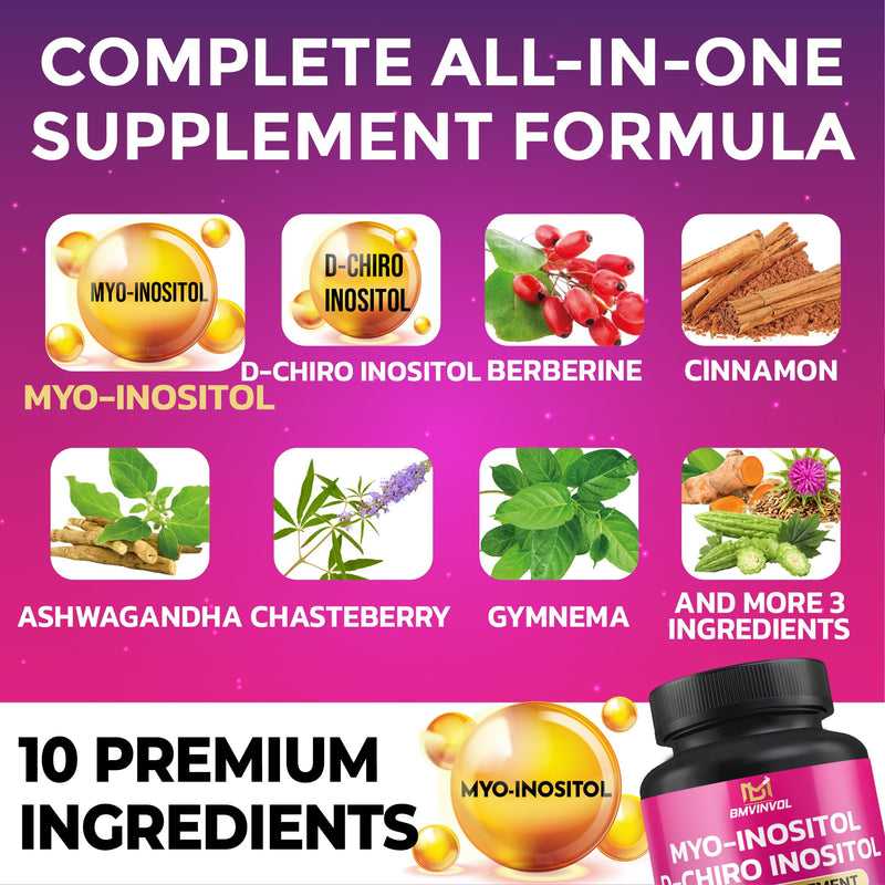 BMVINVOL Inositol Supplement - Myo-Inositol and D-Chiro Inositol Ideal 40:1 Ratio - Plus Berberine, Cinnamon, Ashwagandha + 5 More - 30 Capsules
