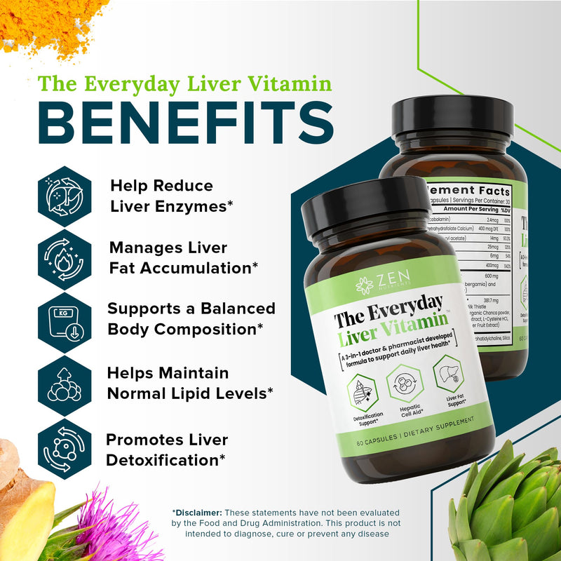 The Everyday Liver Vitamin - Liver Cleanse Detox & Repair with Bergacyn FF, Organic Milk Thistle, Dandelion Root & Artichoke Extract for Liver Health - Fatty Liver Support Supplements