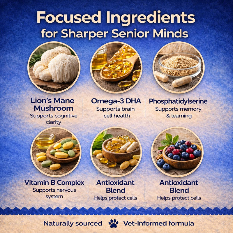 Mind & Cognitive Chews for Senior Dog | Brain Function, Memory & Alertness Support | Dog Supplements with Lion's Mane, DHA & Phosphatidylserine | 120 Chicken Flavour Chews