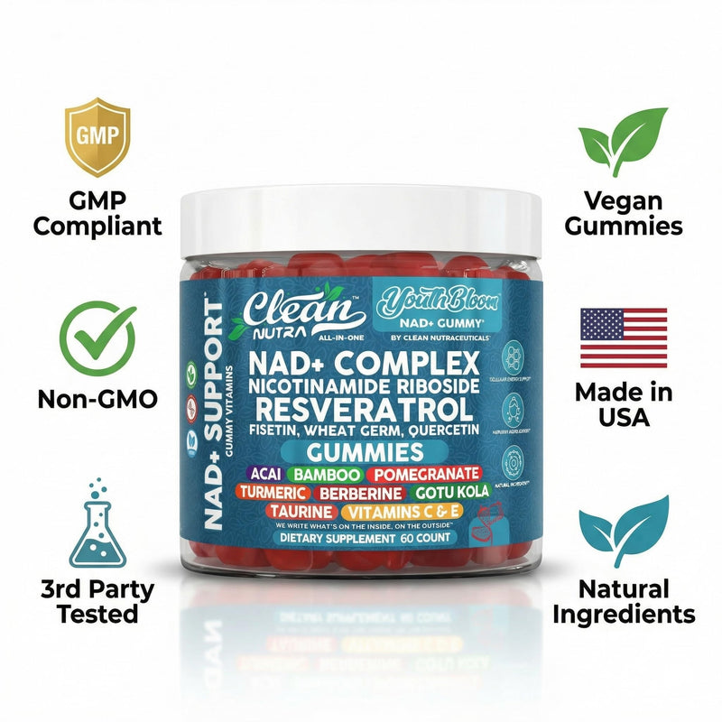Youth Bloom NAD+ Supplement Gummies Resveratrol Fisetin Wheat Germ Berberine Taurine Turmeric Collagen Astaxanthin Nicotinamide Gotu Kola Pomegranate Vitamin C & E 60 Ct by Clean Nutra