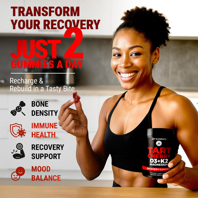 Recovery Tart Cherry Gummies with Vitamin D3 K2 5000 IU & Magnesium | Vitamin D3 K2 Gummies for Sleep, Bone & Immune Support | Non-GMO, Gluten-Free, Sugar-Free