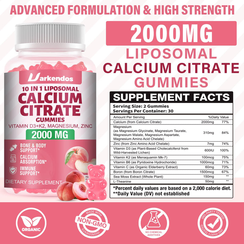 Liposome 2000MG Calcium Citrate with Vitamin D3 K2, Magnesium, Zinc and VC, 10-in-1 Calcium Gummies for Women and Men, Bone, Muscle, Immune Support & High Absorption, Peach Flavor Gummies, 2 Pack