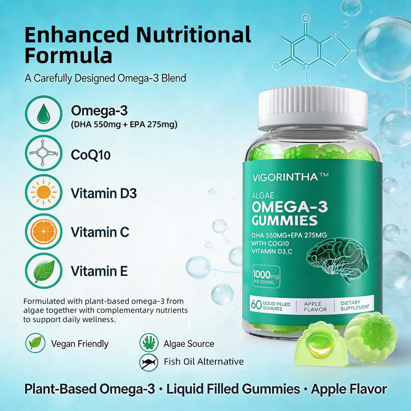 Vegan Omega 3 Gummies 1000mg with Coq 10, Vitamin D3,E,C,Omega 3 Fish Oil Alternative for Adults, Plant Based DHA 550mg & EPA 275mg for Brain, Mobility, Eye, Sugar Free, 60 Count 60 Count (Pack of 1)