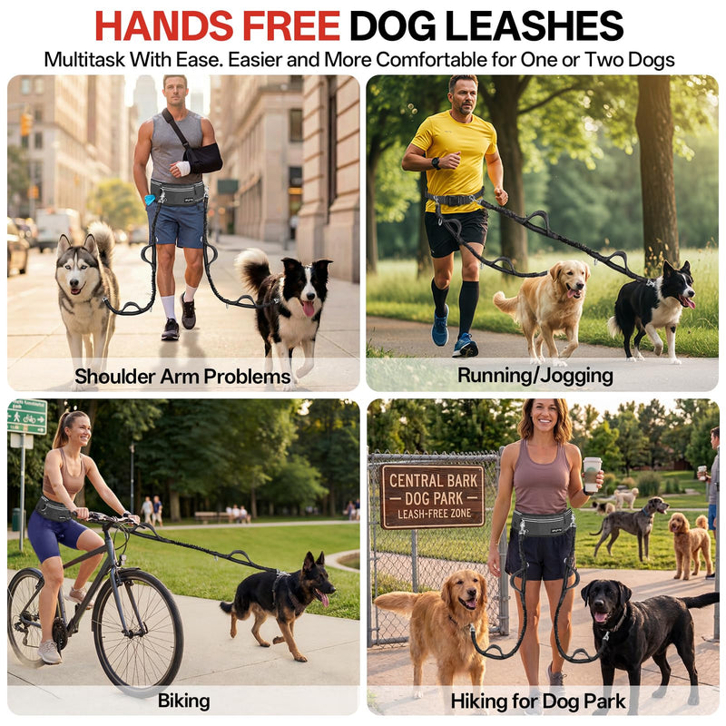 Hands Free Double Dog Leash for Two Dogs,Upgrade 200LB Heavy Duty Retractable with Partitioned Waist Pouch Adjustable Waist for Medium Large Park Walking Running Jogging Hiking Biking Training 2 Leashes - BeesActive Australia
