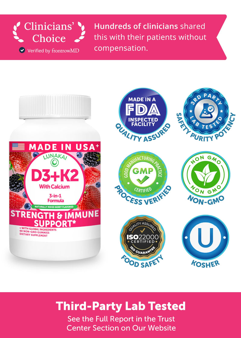 Lunakai USA Made Vitamin D3 K2 Gummies with Calcium – 3-in-1 Daily Vegan Supplement for Bone & Immune Support for Women, Men & Kids, 60ct 60 Count (Pack of 1) Vitamin D3 + K2