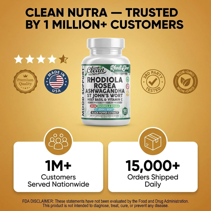 RhodiGlow Rhodiola Rosea Mood Support Supplement + Ashwagandha St Johns Wort Holy Basil Vitamin C Iron Black Pepper By Clean Nutra